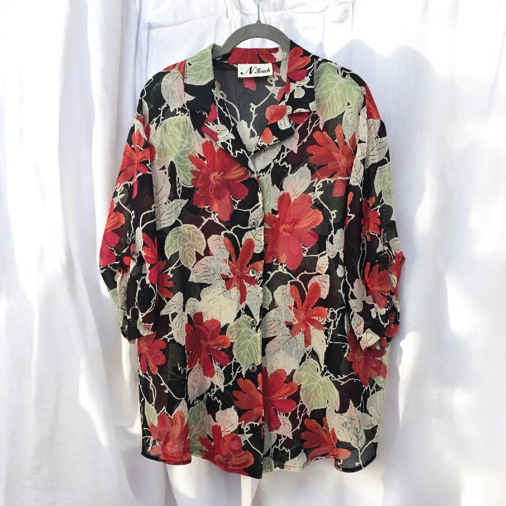 N Touch Womens Floral Button Down Blouse Black Red Sheer Tropical Short‎ Sleeve